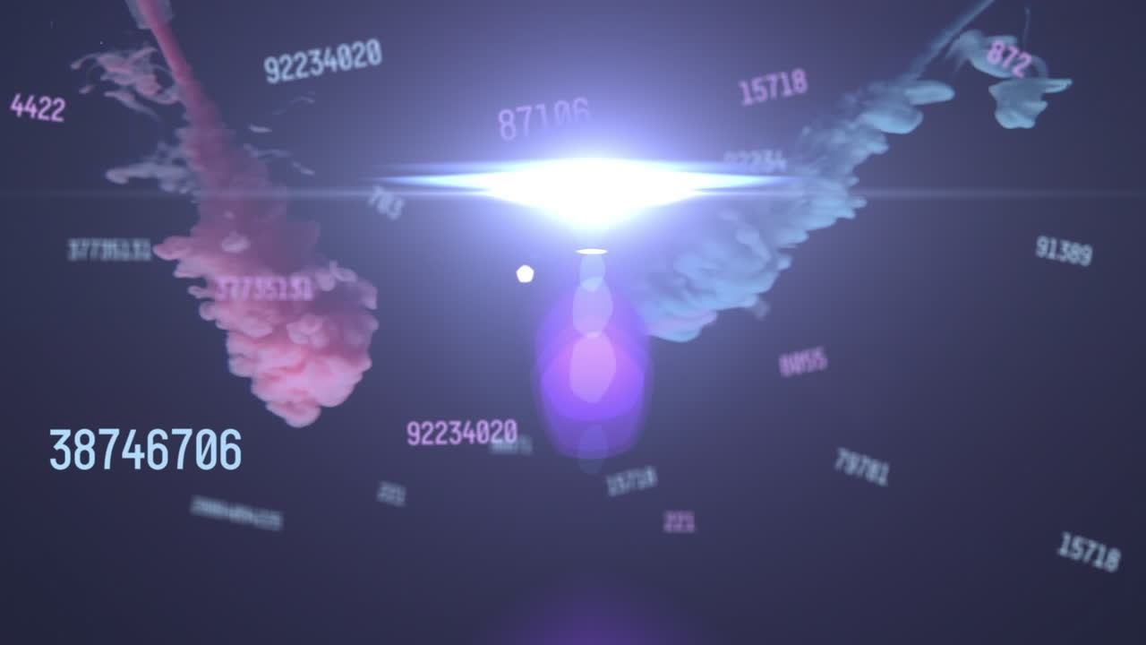 물 속의 분홍색과 파란색 잉크 위에 여러 번 변하는 숫자와 밝은 반점이 애니메이션