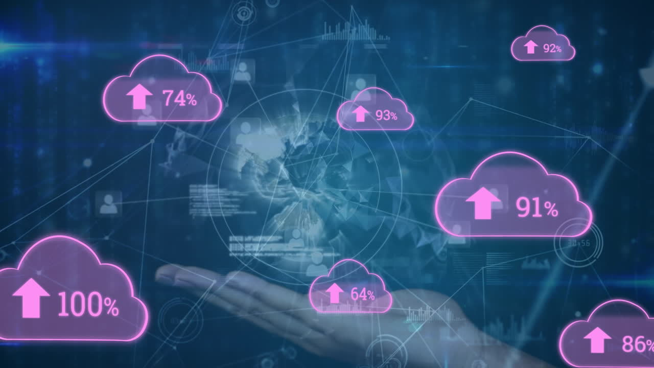 animación de nubes con carga, globo y iconos girando sobre la mano de una mujer caucásica