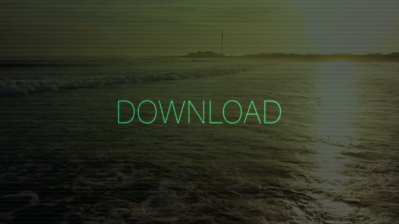 Texto 'DOWNLOAD' em neon piscando devido a estática repentina, então clareando à medida que o sinal se estabiliza sobre o mar.