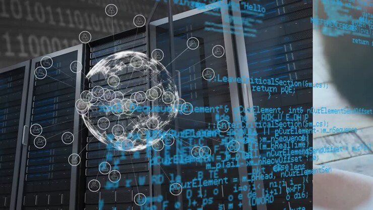 Animation of globe and data processing over servers