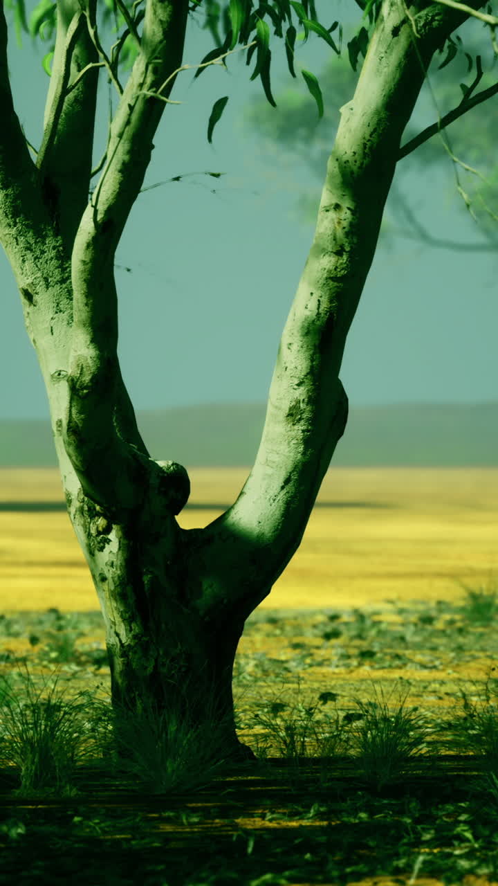 Vibrant landscape featuring unique trees in a vast sunlit terrain
