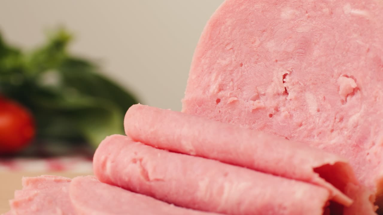 Ham italian mordatella, man Slices Of Traditional Italian antipasti mortadella sausage on a wooden cutting board, close up macro of chicken or turkey jamon, fat breakfast dish.