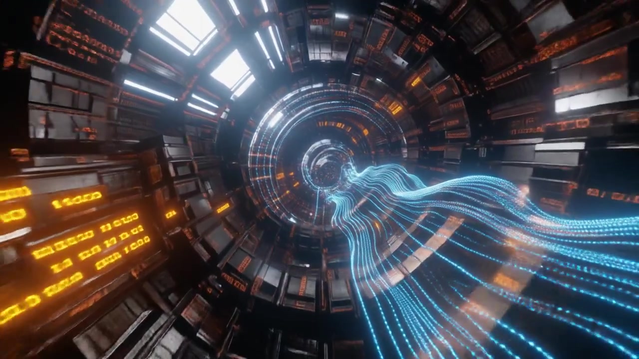 Tunnel di dati digitali futuristico con flussi di fibra ottica blu luminosi.