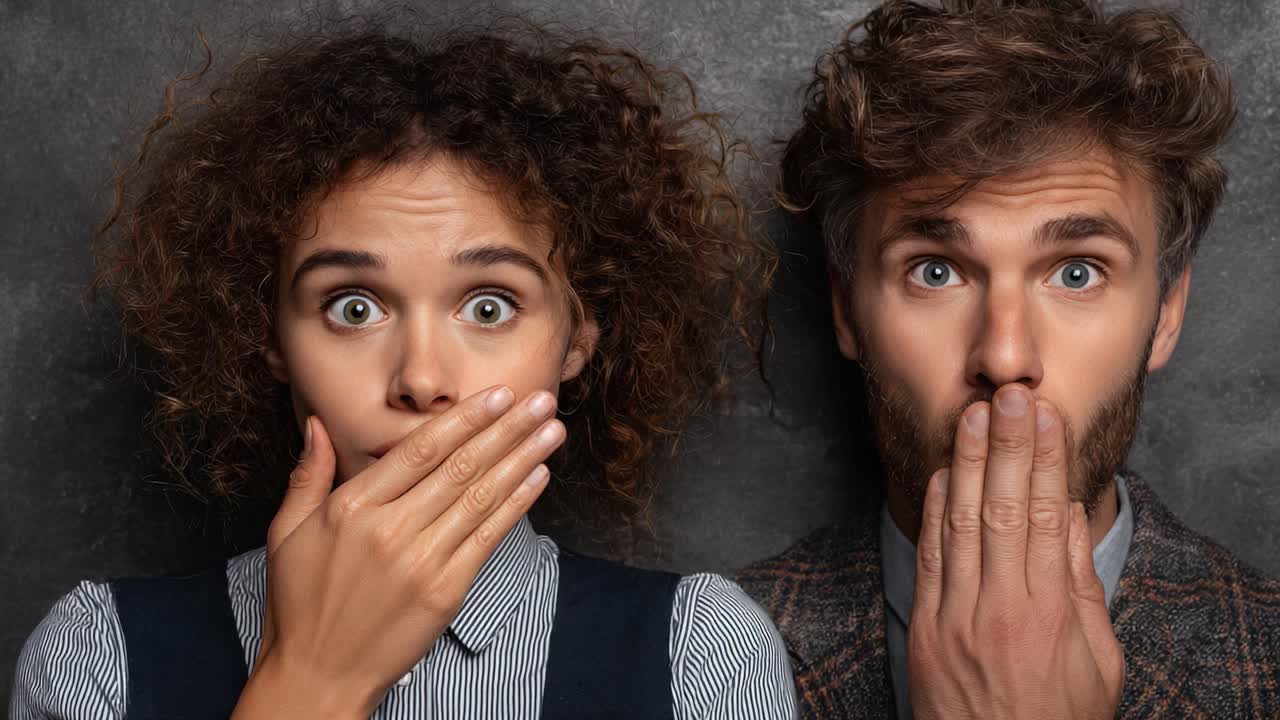 Surprised Expressions: A Couple Caught Off Guard with Hands on Their Mouths in a Dramatic Moment Against a Gray Background