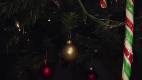 dolly past a candy cane to a golden ornament hanging from a christmas tree