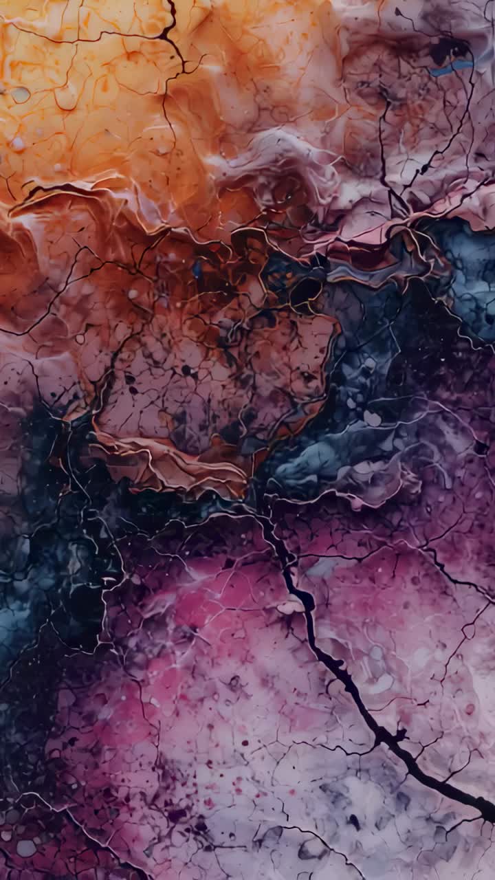 Vertical video: Panning camera upper-left, moving down revealing marbled canvas fissures and colors