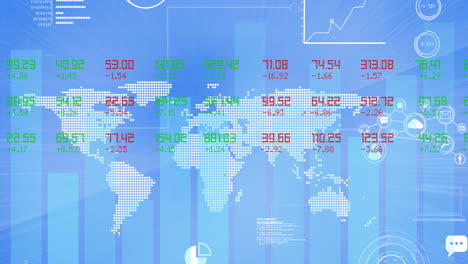 animation of data processing and statistics recording over world map on blue background