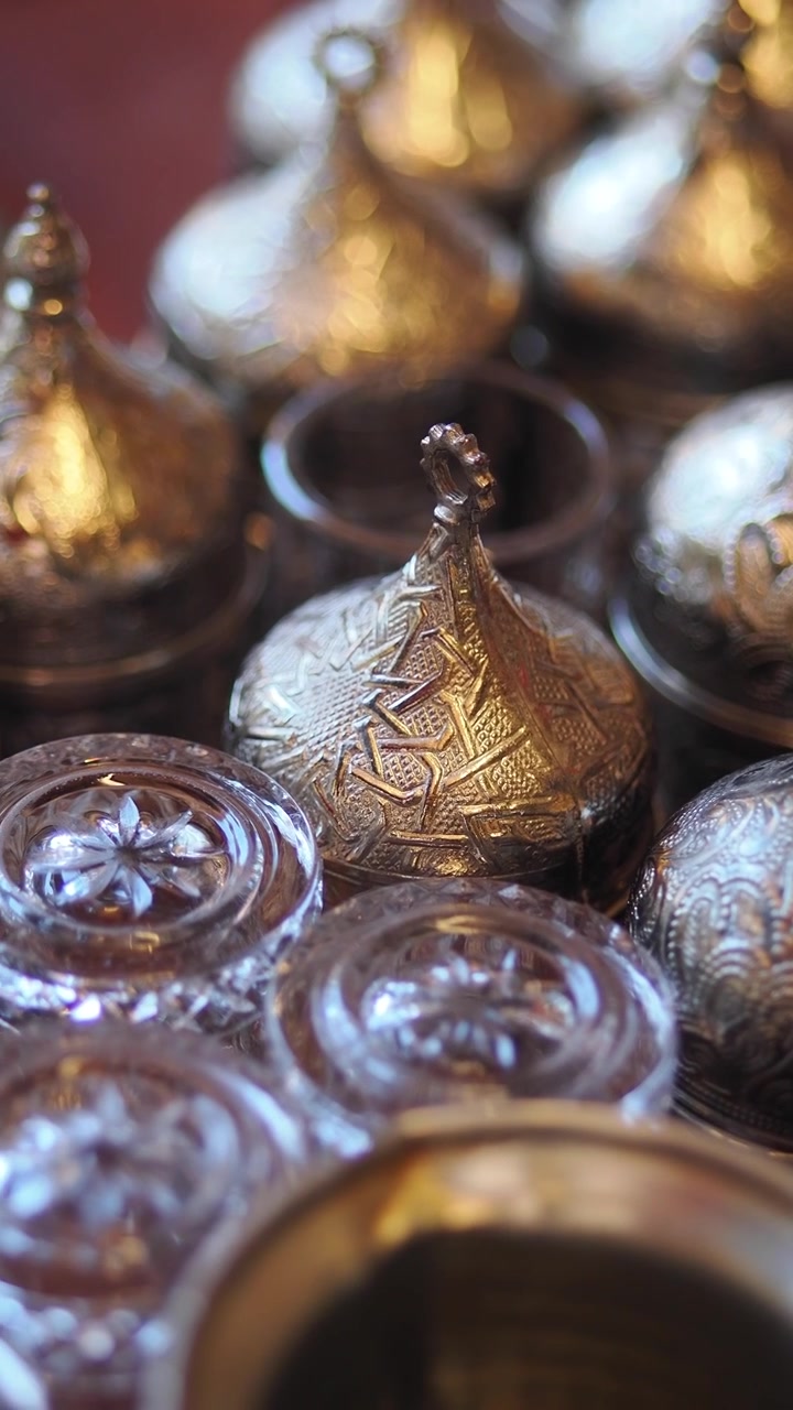 Traditional Turkish Coffee Cups with Ornate Metal Lids