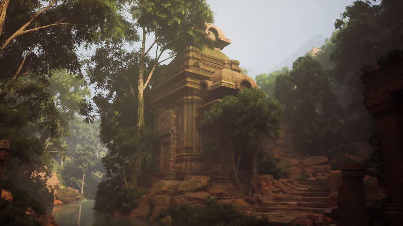 Ancient stairway bathed in vivid sunlight and towering trees