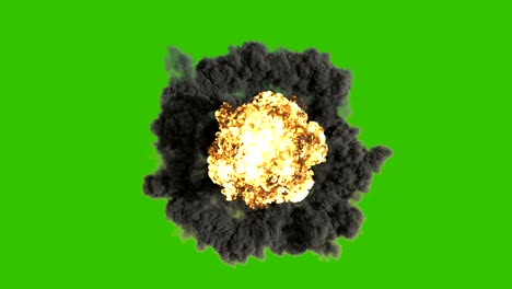 la explosión de una bomba nuclear. animación realista en 3d de la explosion de una bomba atómica con fuego, humo y nube de hongos frente a una pantalla verde.