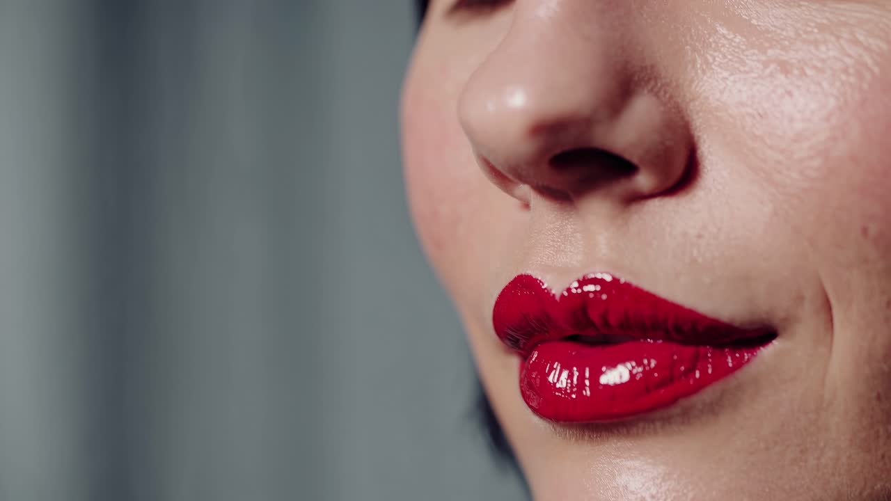 Close-up video shot of glossy red lips, capturing a sensual and elegant style