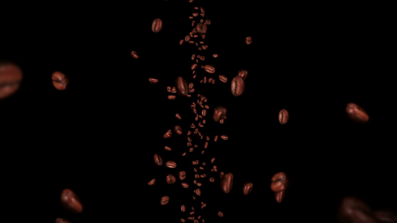 검은 바탕에 많은 커피 콩을 날아. 카페인 음료, 아침 식사, 아로마. 은 커피 의 3d 애니메이션 회전. 루프 애니메이션.