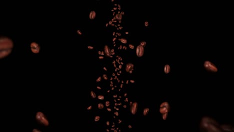 flying many coffee beans on black background. caffeine drink, breakfast, aroma. 3d animation of roasted coffee beans rotating. loop animation.