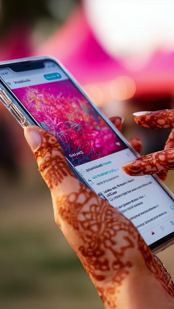 A close-up view of beautifully adorned hands showcasing intricate henna designs while holding a smartphone, capturing vibrant colors and cultural aesthetics in an outdoor setting during a festive event