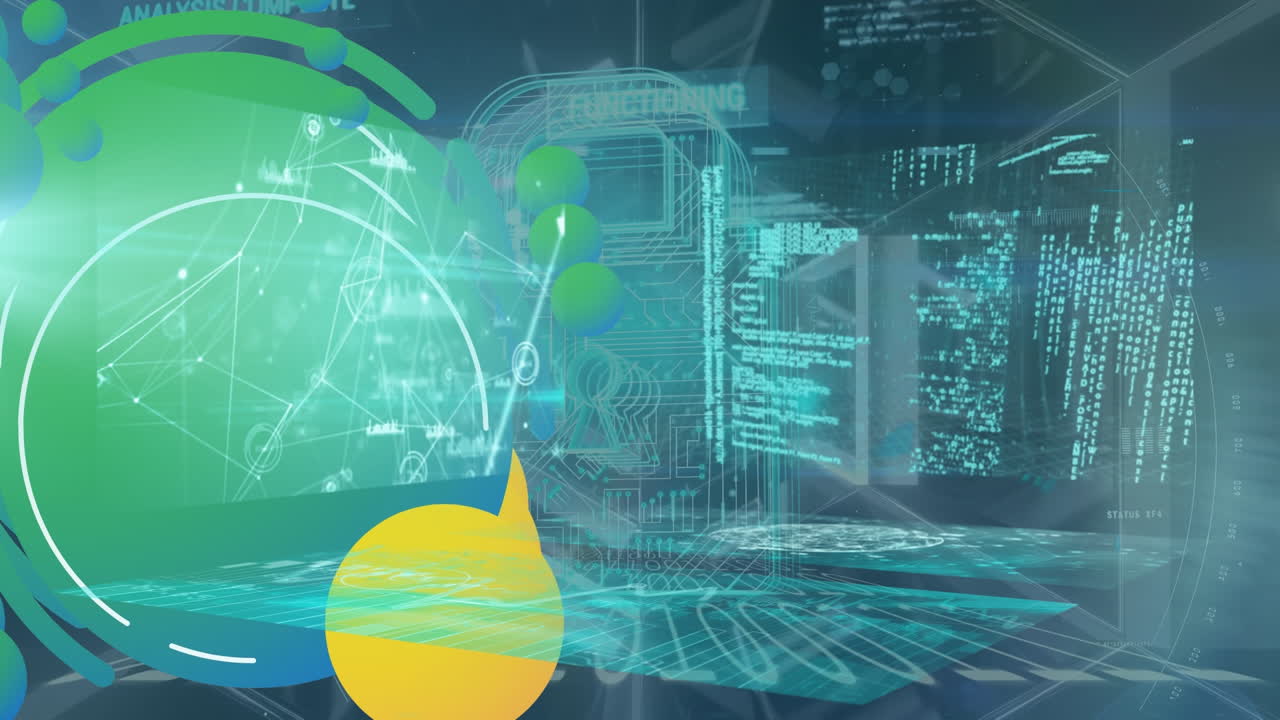 animación de círculo verde y amarillo sobre el espacio digital en movimiento con datos diversos