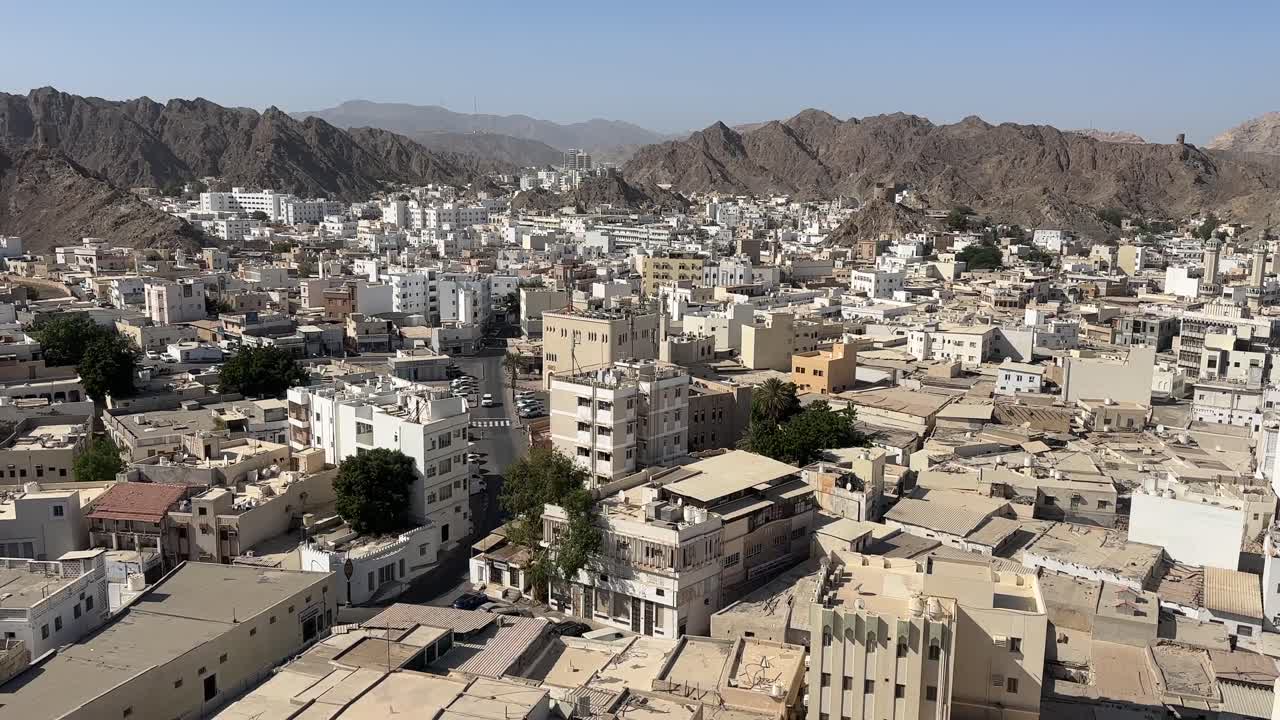 Muscat Oman Skyline 4K City Buildings Urban View Middle East Coastal Capital Architecture Footage
