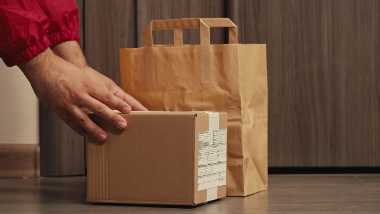 Food and goods delivery box, contactless online shopping, volunteer courier delivers parcel a to door of home, door to door deliver, e-commerce purchase.