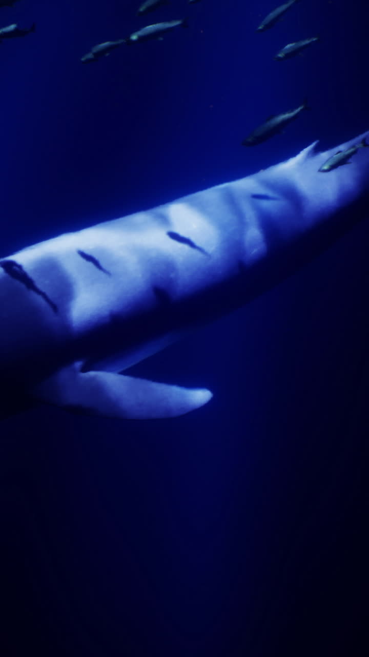 Grande balena nuota in acque oceaniche scure di giorno