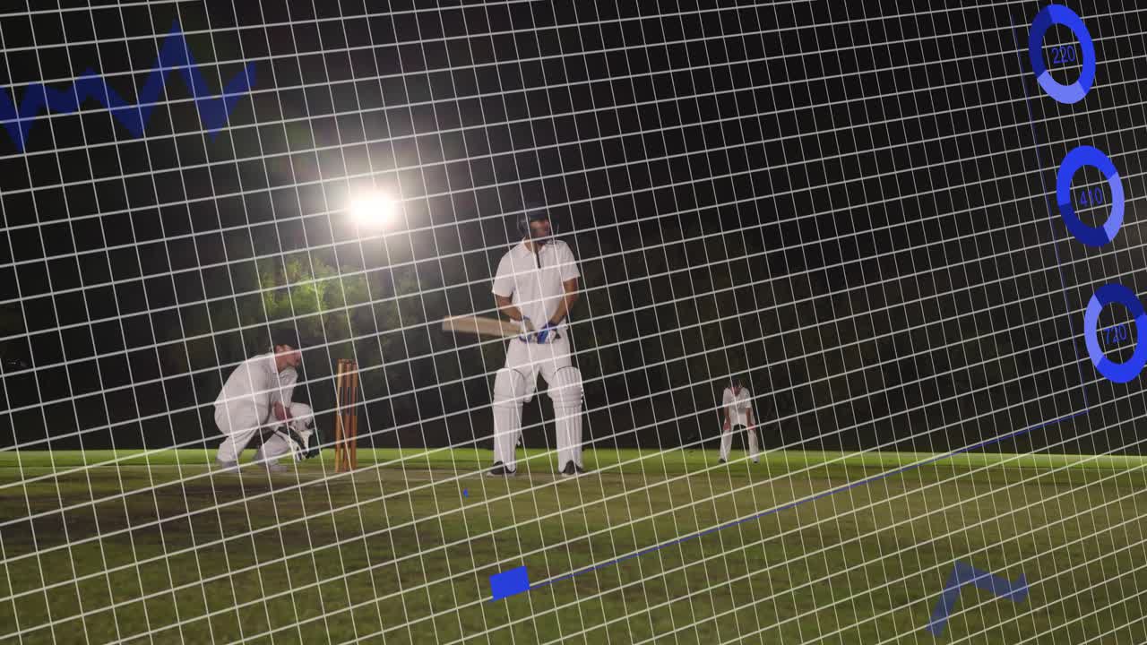 Kriketin heittäjä juoksee ja vapauttaa pallon, lyöjä lyö kantoja, HUD-ruudukko kasvaa ja etsii juoksua