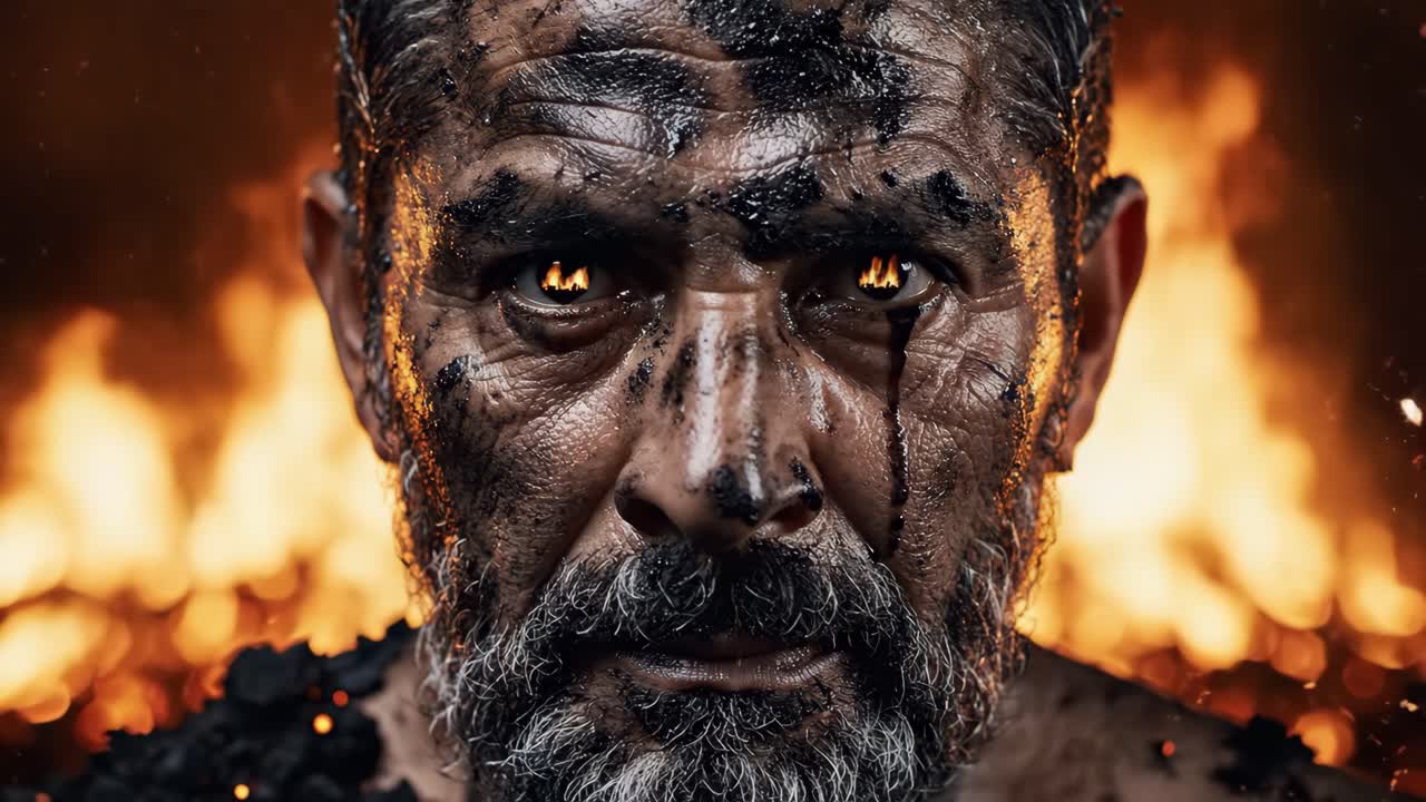 Intense Man's Portrait in Front of Fire