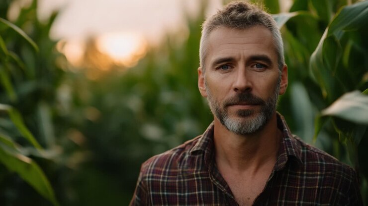 Thoughtful Man in a Cornfield at Sunset, Capturing Peaceful Rural Moments with Nature's Beauty Surrounding Him in a Serene Atmosphere