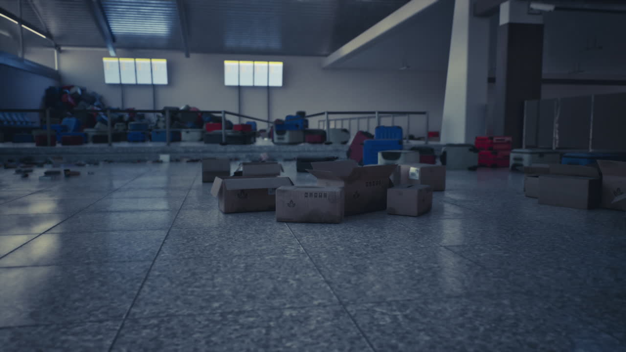Abandoned airport baggage area with scattered boxes and empty chairs