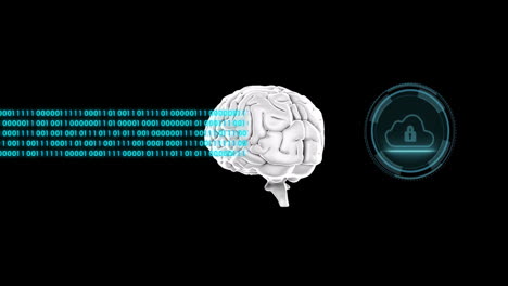 animación del procesamiento de datos con cerebro digital y texto de seguridad cibernética en fondo negro