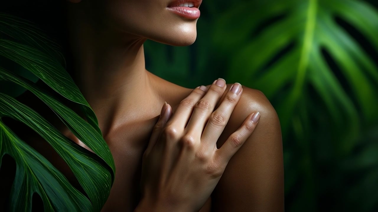 Close up of a woman touching her smooth bare shoulder amidst green tropical leaves