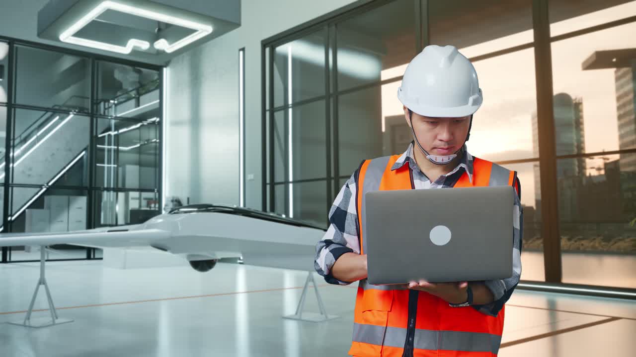 Asian Male Engineer With Safety Helmet Working On A Laptop While Standing With Drone Project