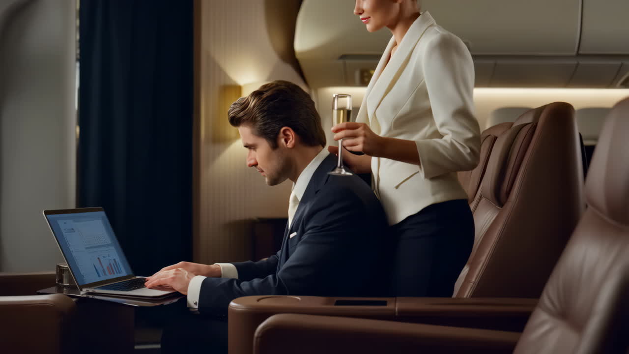Businessman working on laptop in first class with flight attendant
