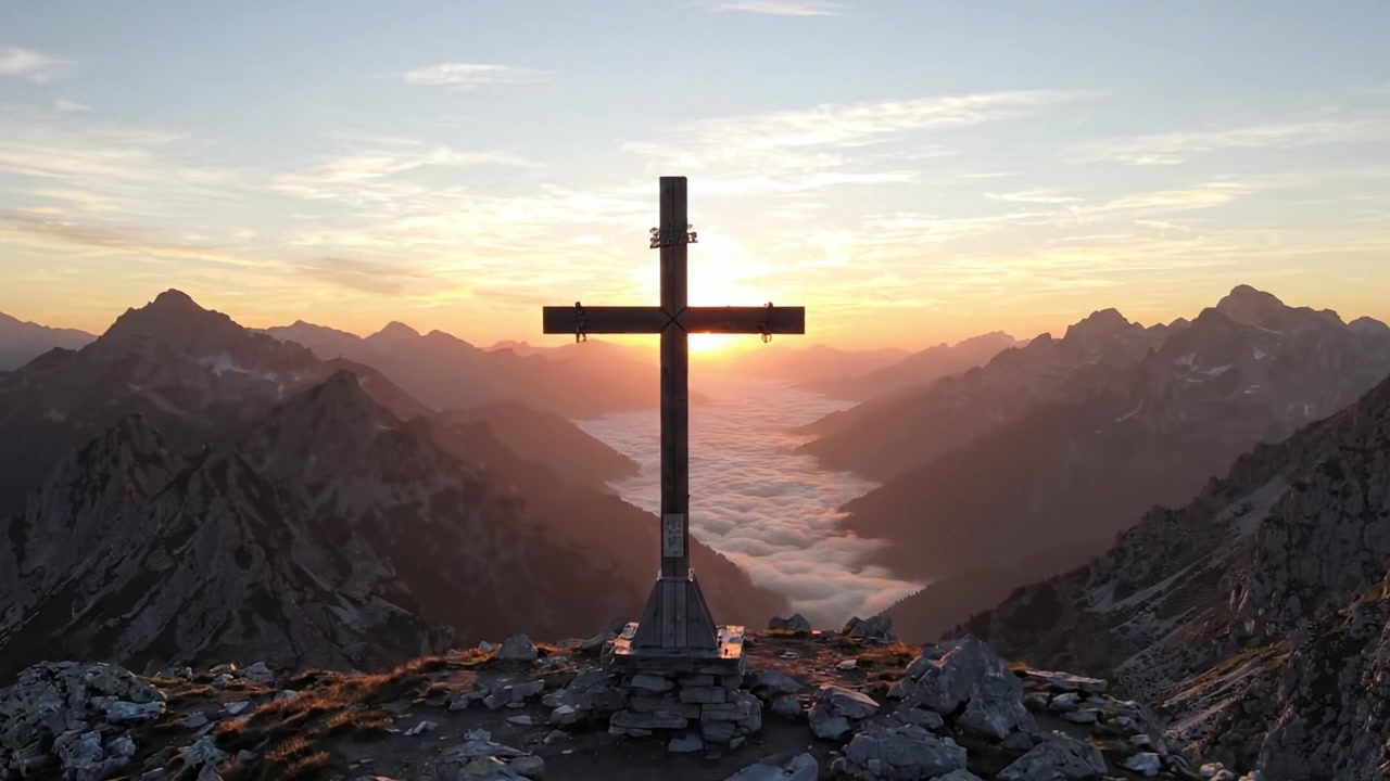 Alba mozzafiato sulle montagne con una silhouette a croce, che cattura l'essenza di tranquillità e riflessione spirituale nella natura.