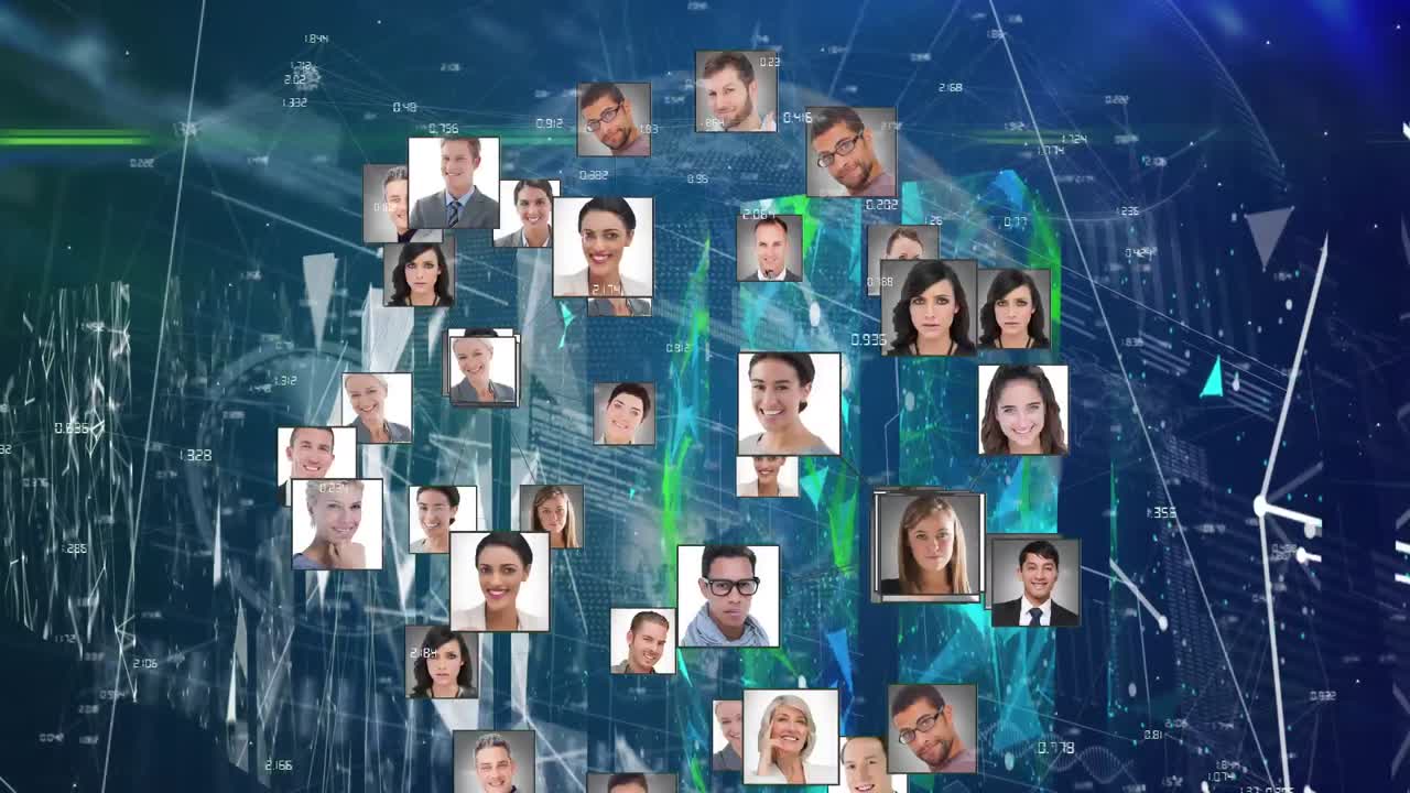 플렉서스 네트워크와 데이터 프로에 대해 회전하는 다중 프로필 아이콘의 글로벌의 디지털 구성