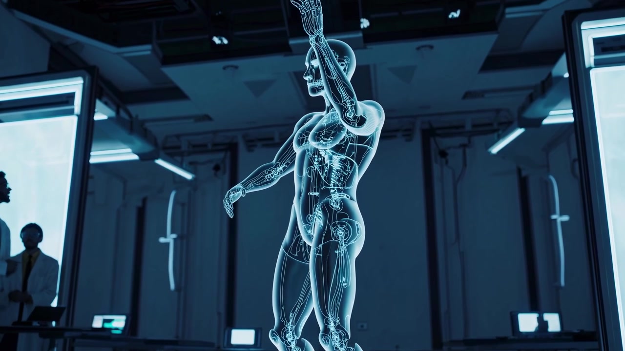 Scientists Observing Holographic Human Anatomy Model in High-Tech Laboratory