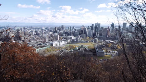 reveal of the montreal skyline from the mount-royal in autumn, in quebec, canada