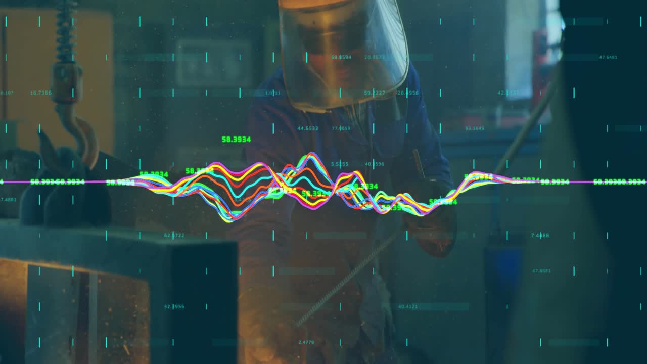 Vivid waveform pulsing data driving craftsman hammering red-hot bar in forge syncing graphics