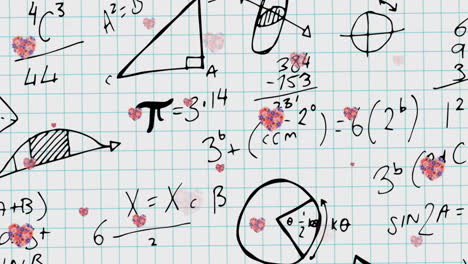 animation of hearts falling over mathematical equations in school notebook