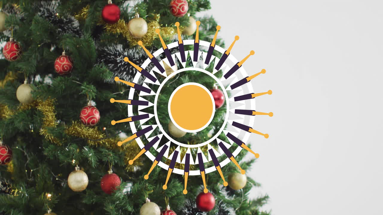 Animation of pattern over christmas decorations and tree on white background