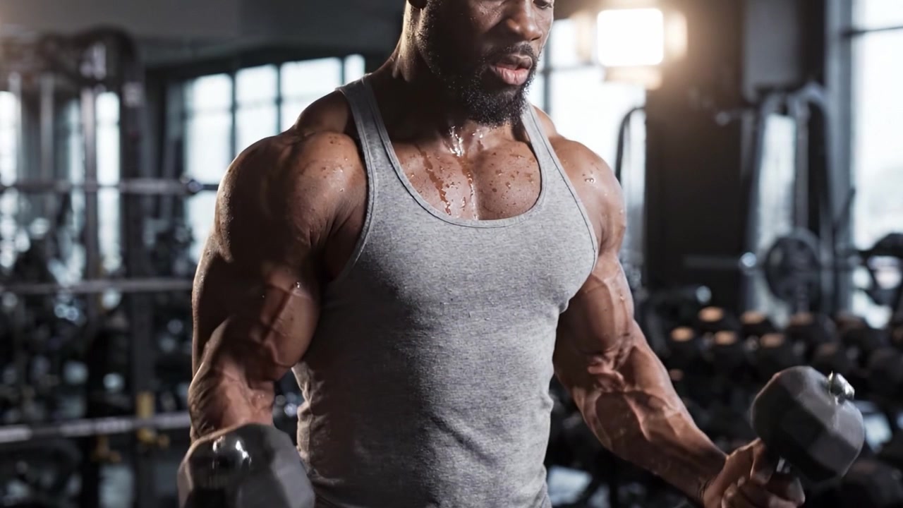 En engagerad atlet utför hantelövningar på ett gym, visar styrka och muskeldefinition medan han fokuserar på sin träningsrutin.