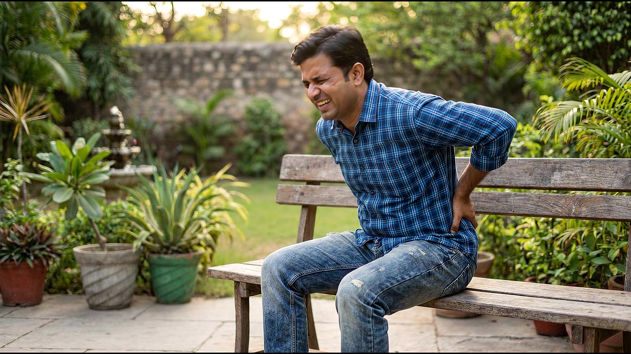 Adult experiencing back neck or shoulder pain during work daily activities and recovery