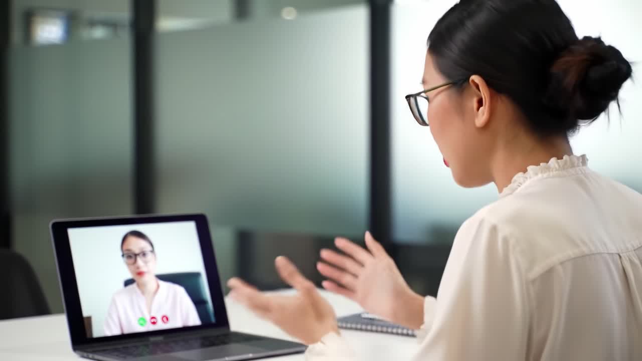 Engaging Virtual Communication: A Professional Woman Participating in a Video Call from Her Modern Office Setting