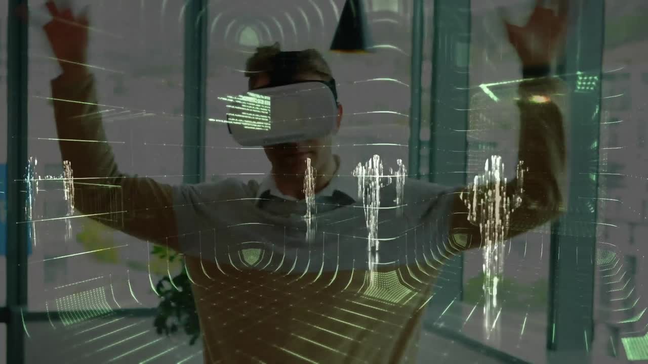 animazione dell'elaborazione dei dati su un uomo d'affari che indossa un auricolare vr