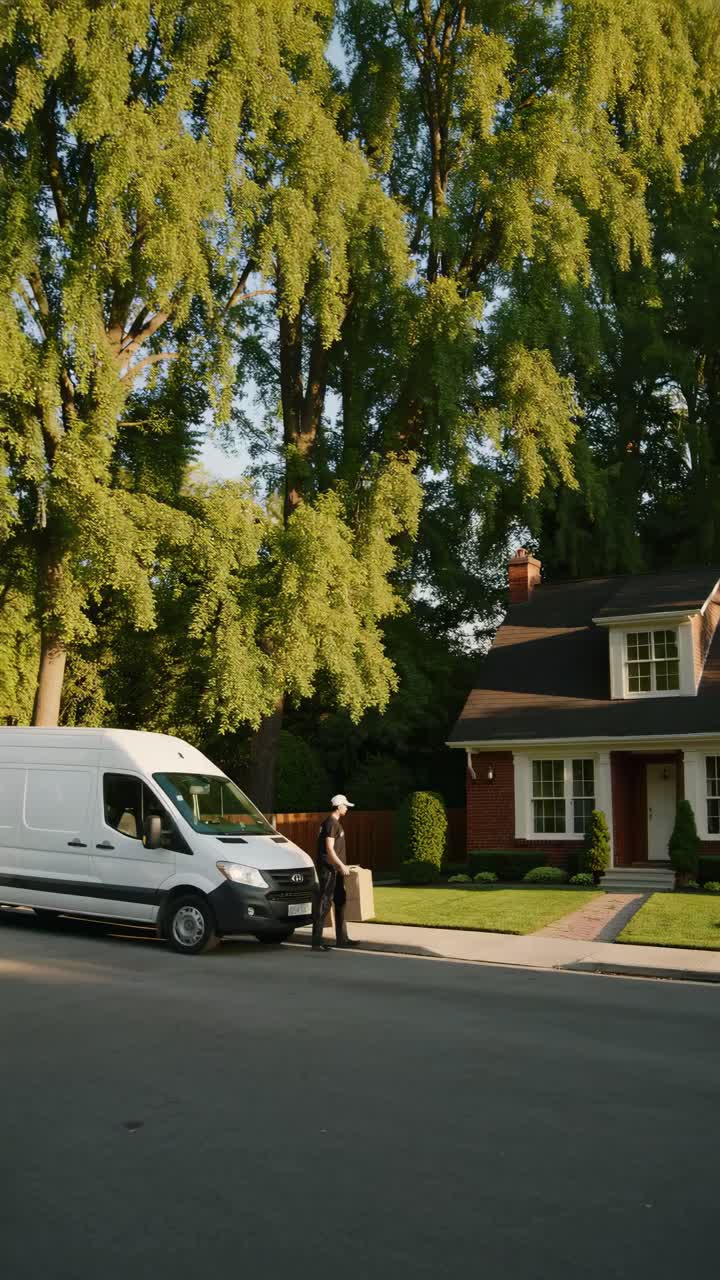 Wide-angle shot of a delivery person walking towards a suburban house with a package