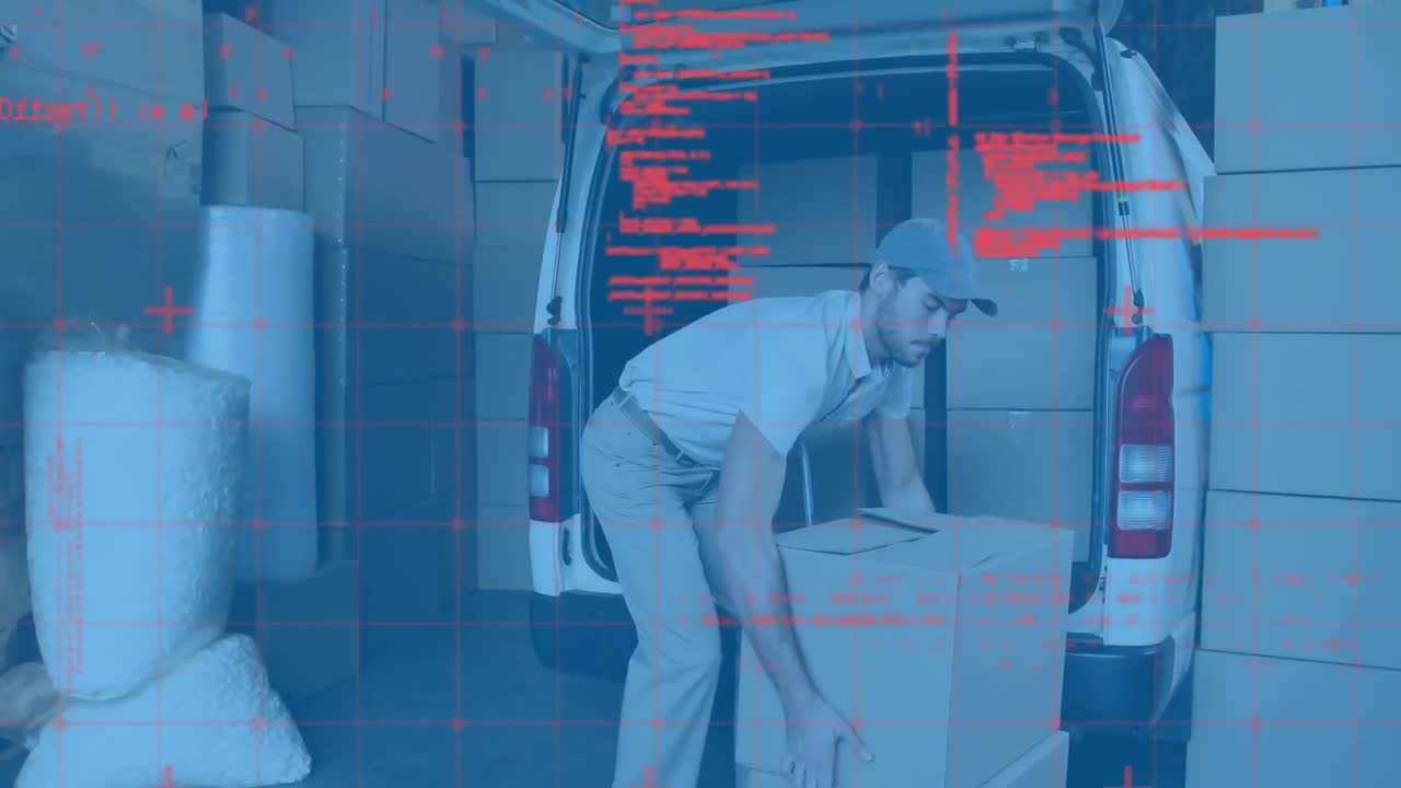 animación del procesamiento de datos sobre el repartidor cargando cajas en la furgoneta