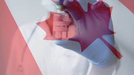 animación de la bandera de canadá sobre un médico con una máscara en la cara sosteniendo un frasco de vacuna contra la covid