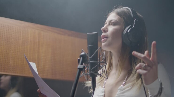 Bella cantante al lavoro in uno studio musicale.