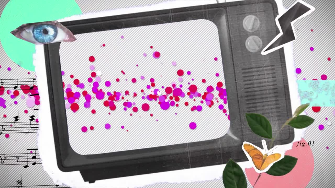 animación digital de puntos rosados en la pantalla de televisión y el ojo humano