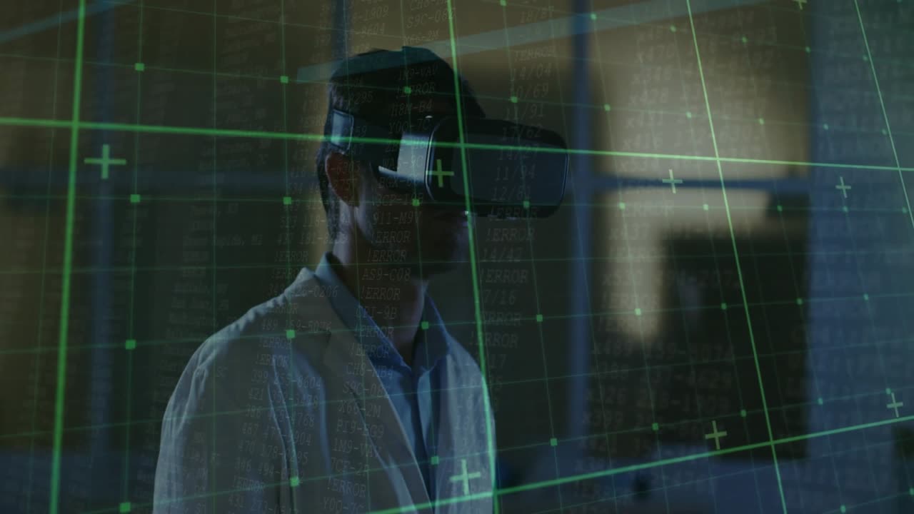 Man in lab coat donning VR headset showing green grid overlay, scanning research lab simulation