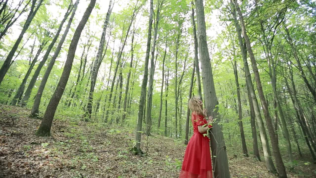Romantic Stylish Girl In The Forest. Romantic stylish girl in long elegant red dress in the forest