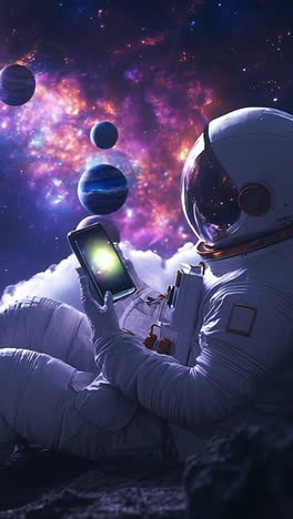 astronaut exploring space with a device. astronaut relaxes on a rocky surface while gazing at colorful planets and galaxies, using a mobile device in space.