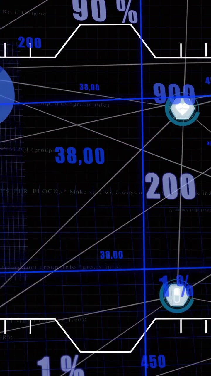 Video verticale: HUD dati che ruota 12 pannelli di 90° per una visione ampia, allineando griglia blu, nodi e percentuali.